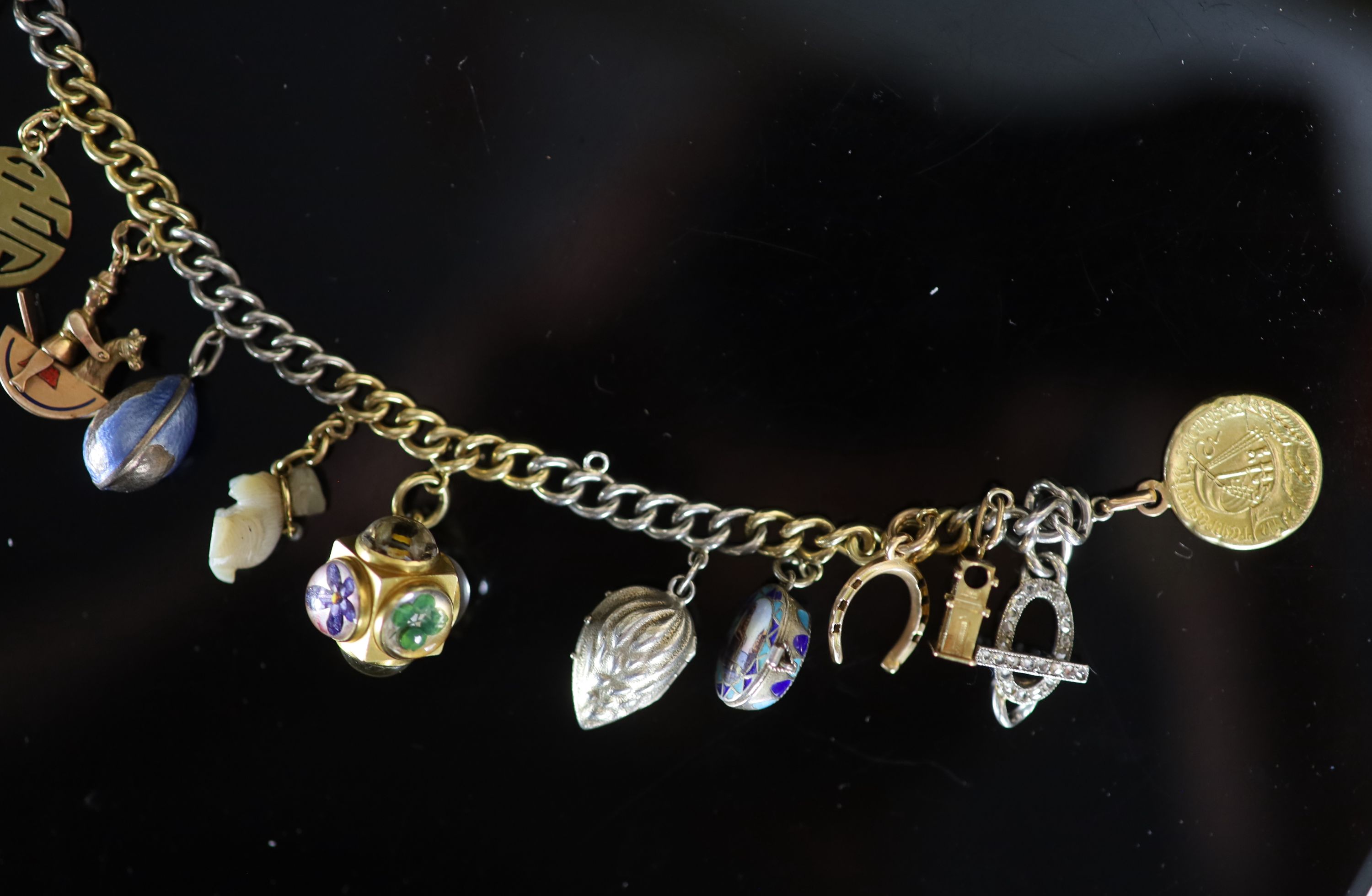 A platinum and gold curb link charm bracelet, hung with twelve assorted charms